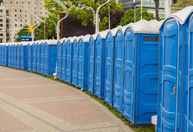 multiple portable restrooms in a neat and tidy row in Ansonia